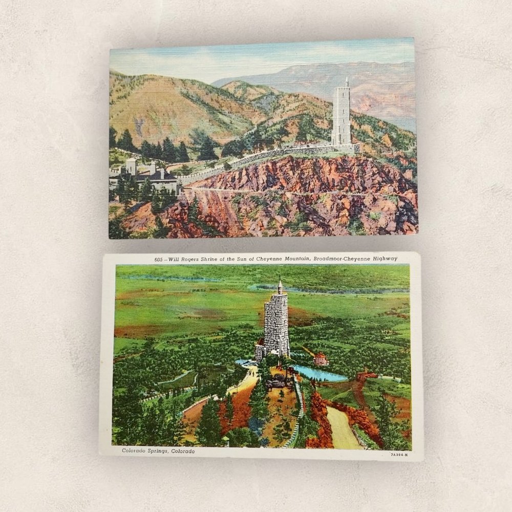 1940's #2130 & #605 LINEN Print Postcards of "Will Rogers Shrine of the Sun"